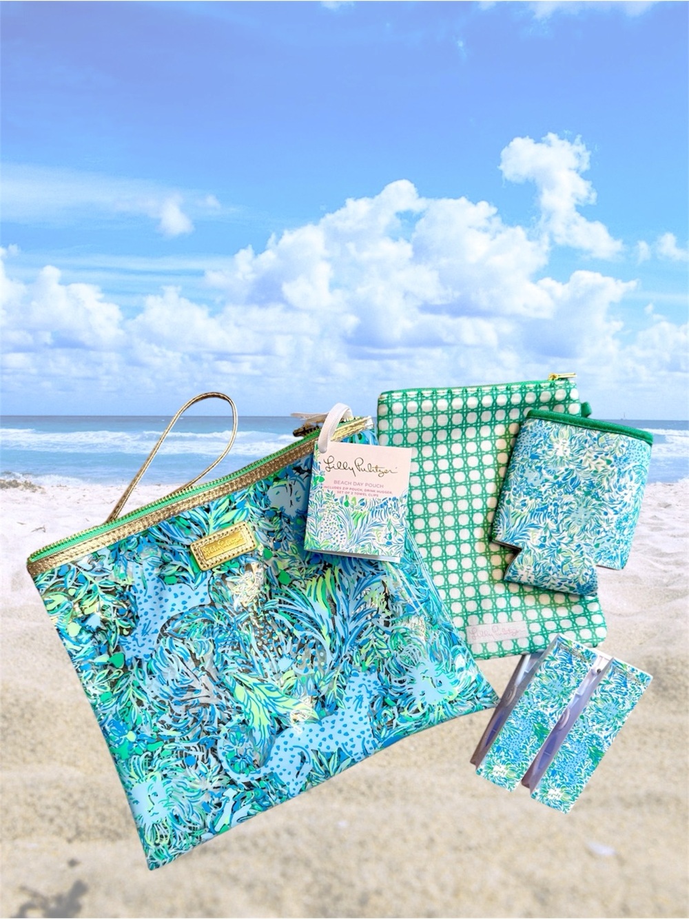 Lilly Pulitzer Beach Day Pouch Set in Dandy Lions Tropical Blue & Green NWT